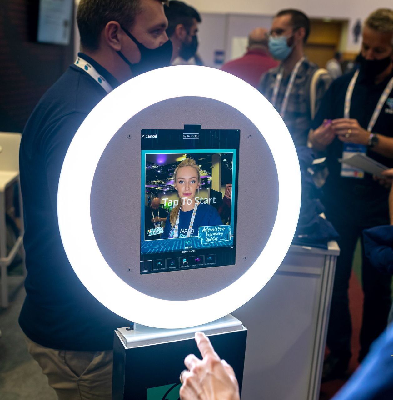 Digital Selfie Booth with woman taking photo at a convention or expo