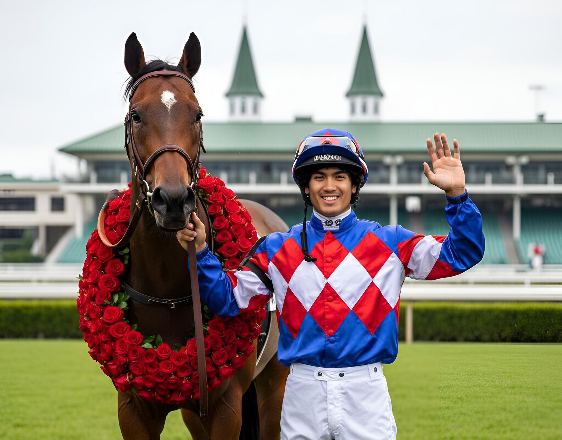 A racehorse with a garland of roses and jockey waving in front of the racetrack.
