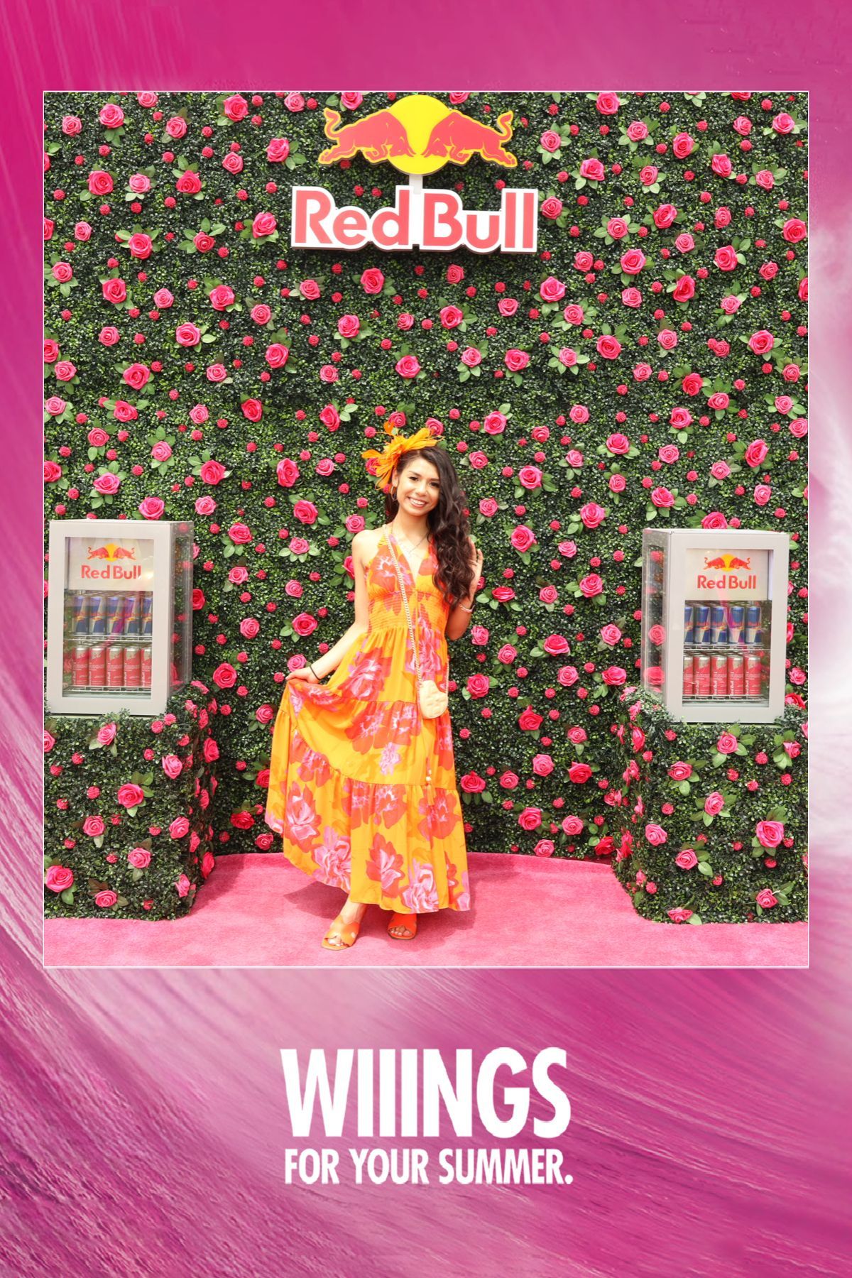 Kentucky Derby Woman in dress in front of photo booth at thee Redbull activation