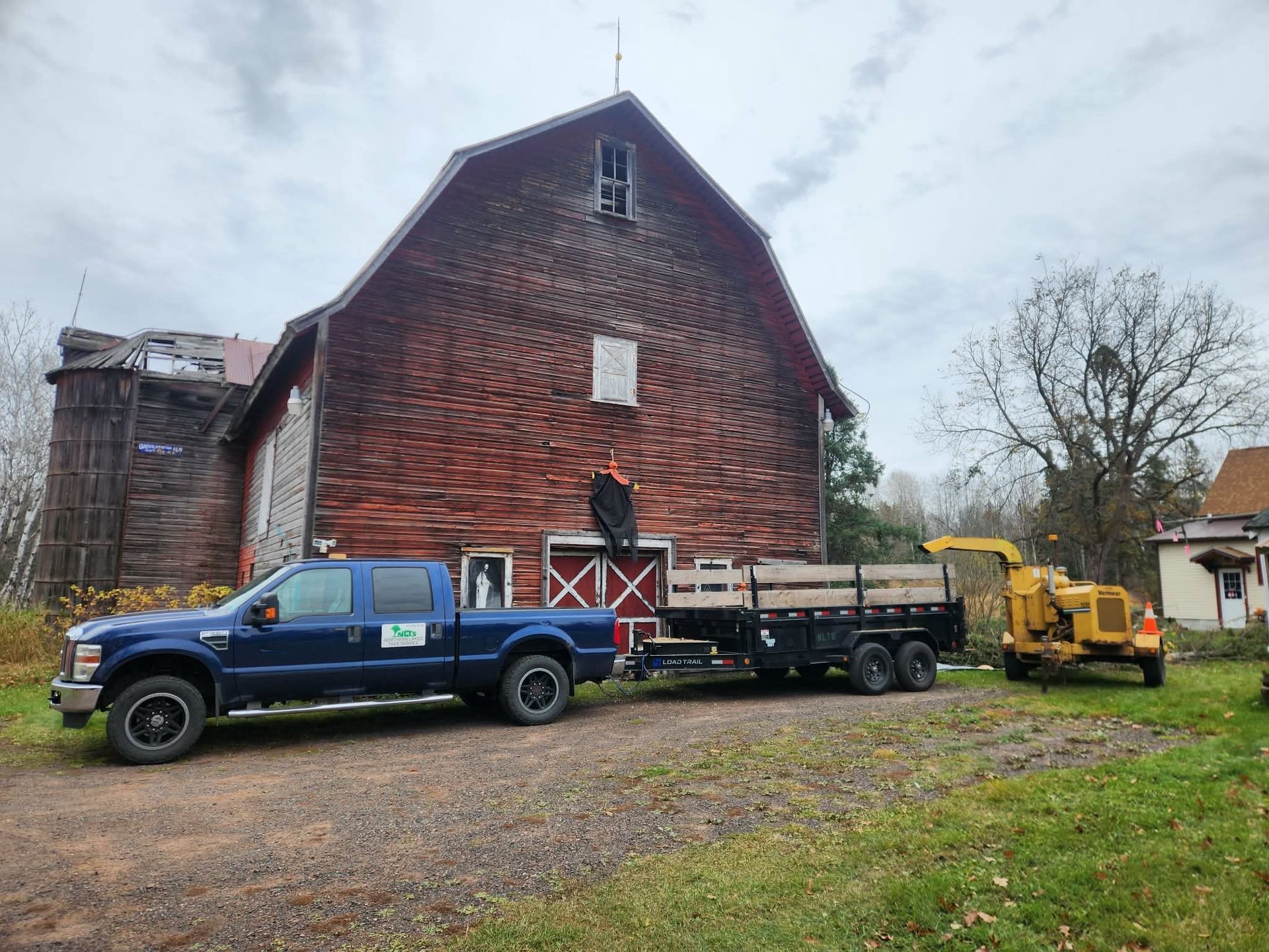 Arborist in a lift bucket cutting a tree branch with a chainsaw.