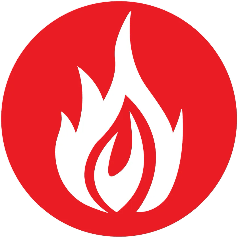 A white flame in a red circle on a white background