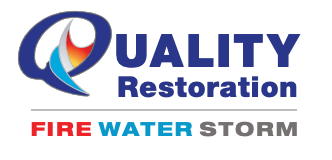 The logo for quality restoration fire water storm
