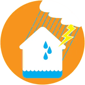 An illustration of a house with rain and lightning