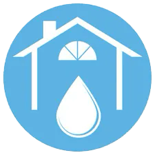 A house with a window and a drop of water in a blue circle.