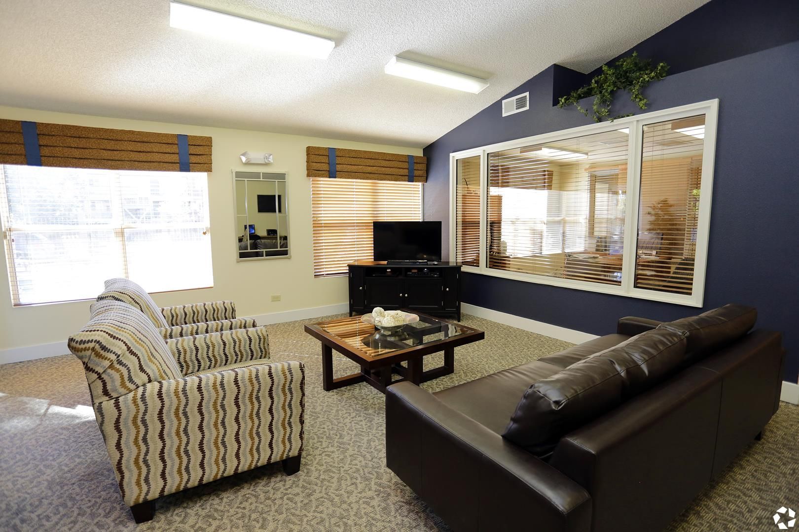 Communal resident lounge with leather sofa, patterned chairs, coffee table, TV, and large windows.