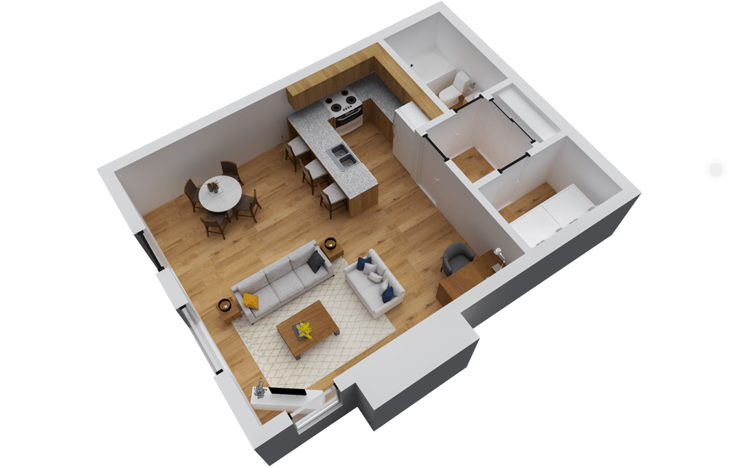 Isometric view of a small apartment floor plan with kitchen, living room, dining area, bathroom, and bedroom.