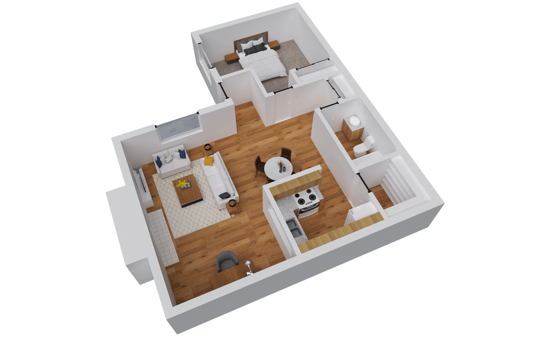 3D floor plan of a small apartment with a bedroom, living room, kitchen, and bathroom.