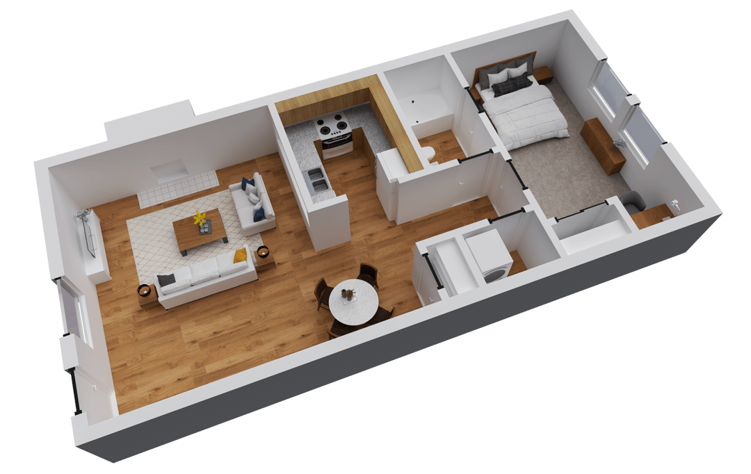 3D floor plan of a small apartment with living room, kitchen, bedroom, and bathroom; furniture included.