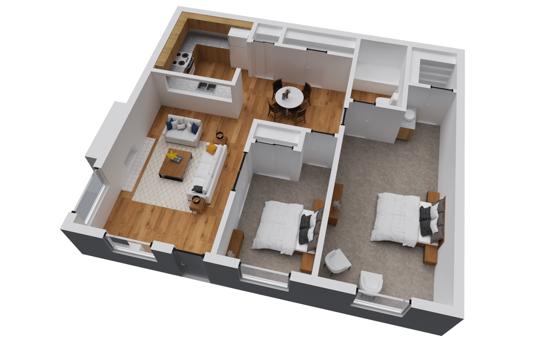 3D floor plan of an apartment with a kitchen, living area, dining area, two bedrooms, and a bathroom.