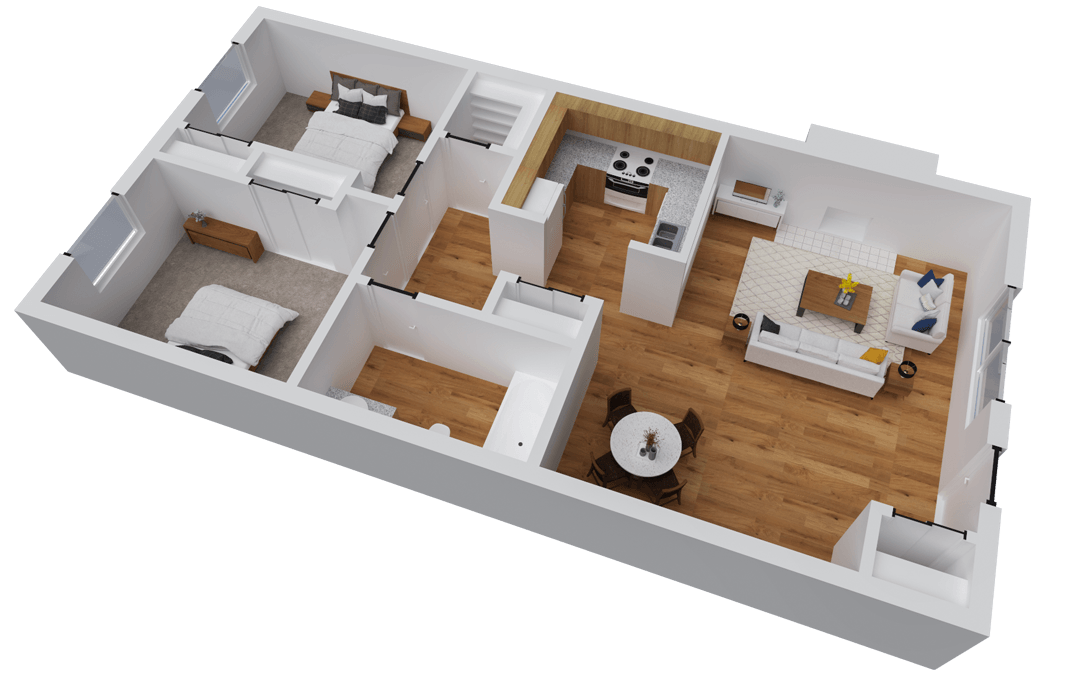 Floor plan of a home with a bedroom, kitchen, living room, and dining area.