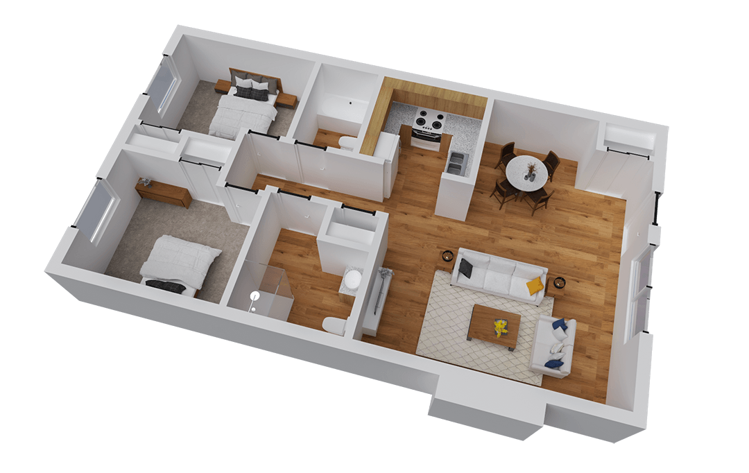 3D floor plan of a small apartment with two bedrooms, kitchen, living, and dining areas.