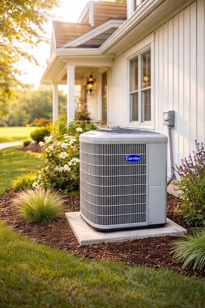A grey air conditioning unit sits on a concrete pad outside a white house with landscaping.