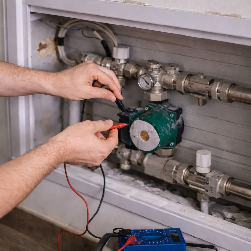A person uses a multimeter to test electrical connections on a green circular hydronic heating pump in a wall cabinet.
