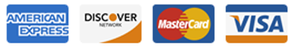 Logos for American Express, Discover, MasterCard, and Visa credit and debit cards, arranged horizontally.