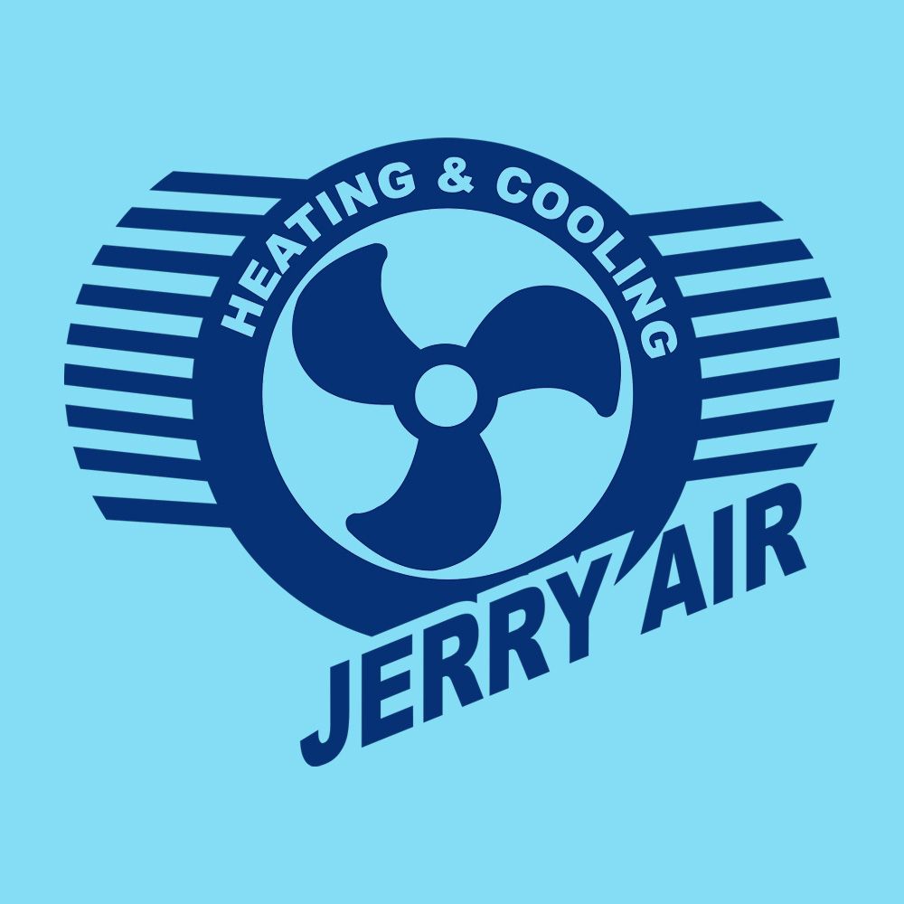 Logo for Jerry Air Heating & Cooling featuring a blue fan icon against a light blue background.