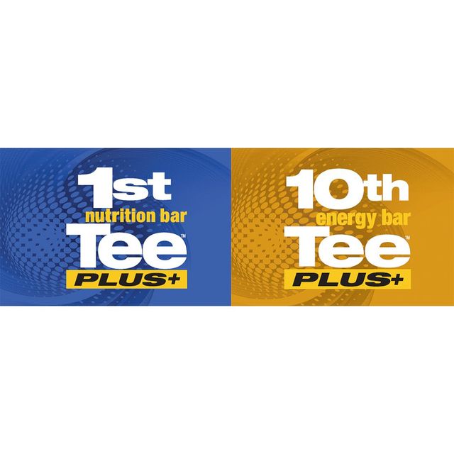 Blue and gold Tee Plus labels: “1st nutrition bar” and “10th energy bar” branding