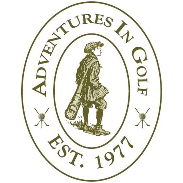 Oval “Adventures in Golf” logo with a golfer figure and “EST. 1977” text in olive green on white