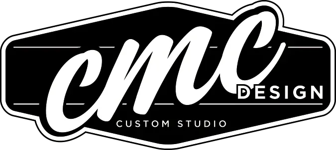 CMC Design Custom Studio logo in black and white with stylized script lettering