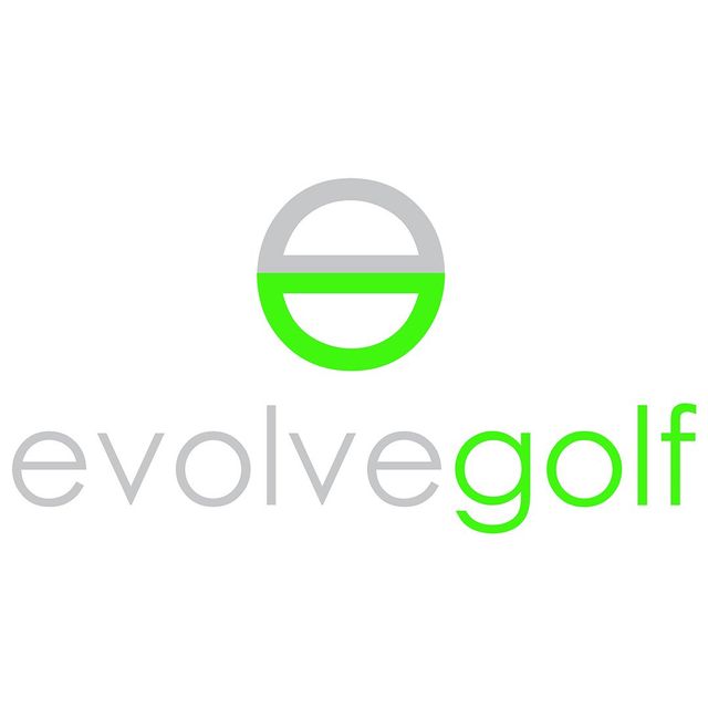 Evolve Golf logo with gray and bright green text and a stylized green-gray golf ball icon