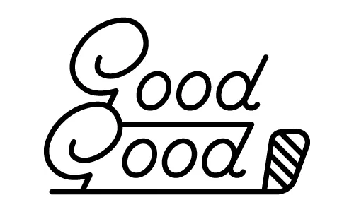 Stylized black cursive word “Good” twice on a white background, with a striped pen nib on the right