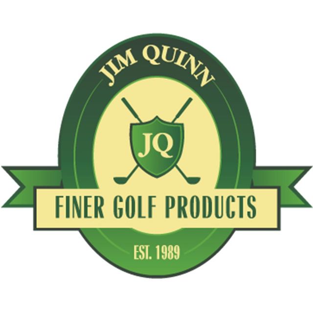 Jim Quinn Finer Golf Products logo in green and gold with crossed clubs and