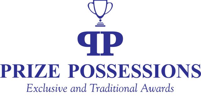 Logo for Prize Possessions with trophy icon, purple initials, and tagline “Exclusive and Traditional Awards”