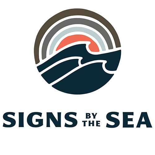 Signs by the Sea logo with stylized waves and a rainbow in navy, gray, and coral colors
