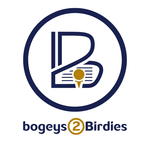 Bogeys2Birdies golf logo with navy monogram, gold tee icon, and text below