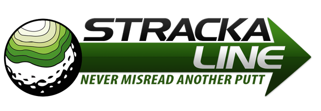 StrackaLine golf logo with a green golf ball and arrow, reading “Never misread another putt.”