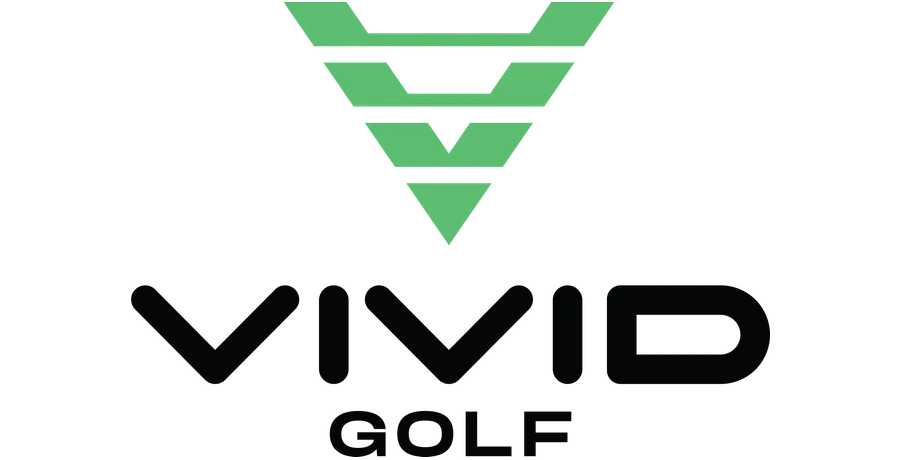 Vivid Golf logo with green chevron stripes above black text on a white background