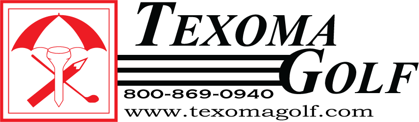 Texoma Golf logo with red golf icon, phone number 800-869-0940, and website texomagolf.com