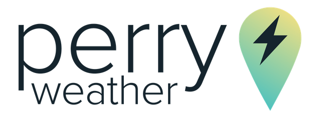 Perry Weather logo with black text and a gradient weather pin icon containing a lightning bolt