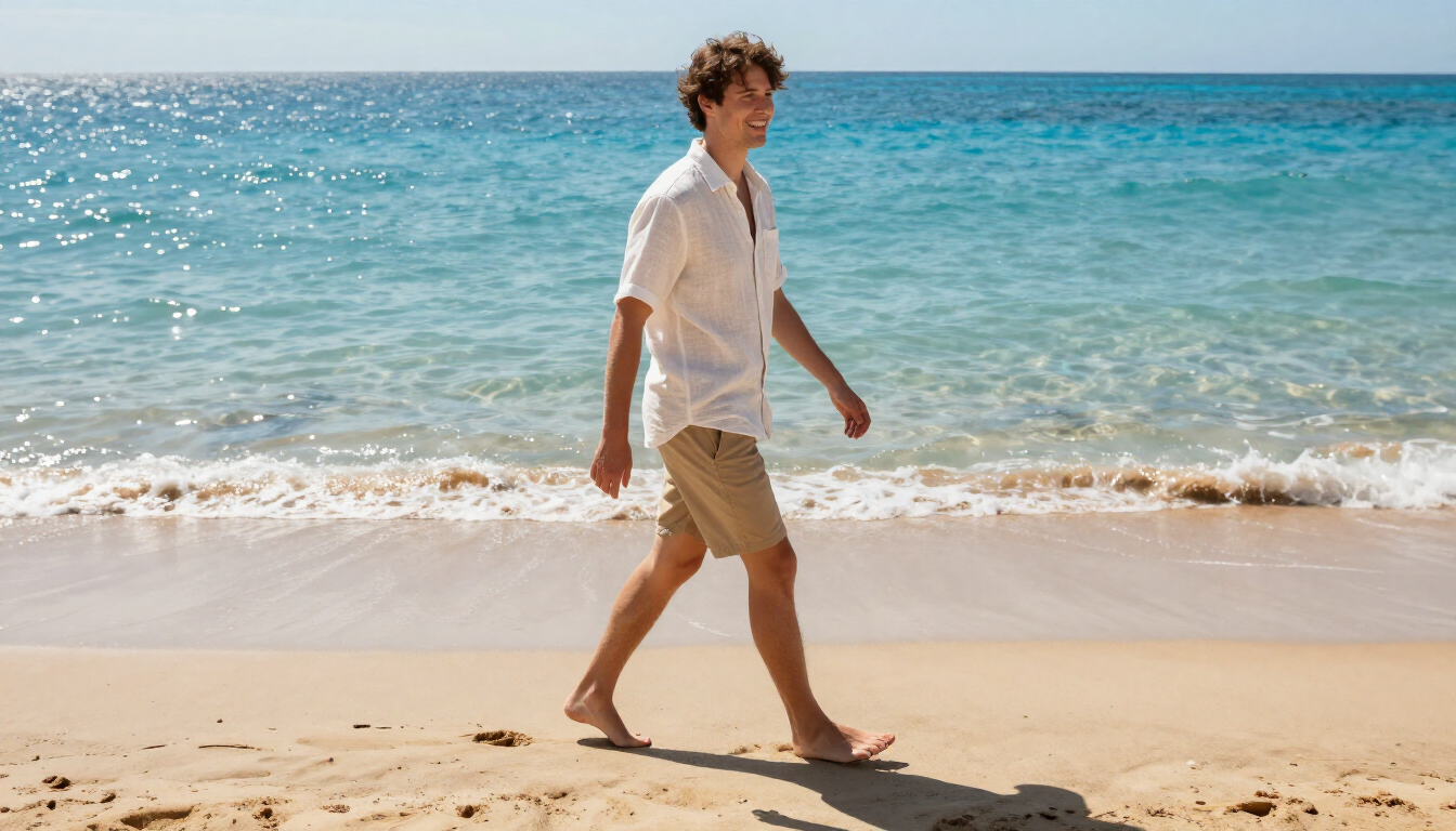 Sunscreen and sandals on a sunny beach representing summer foot care.