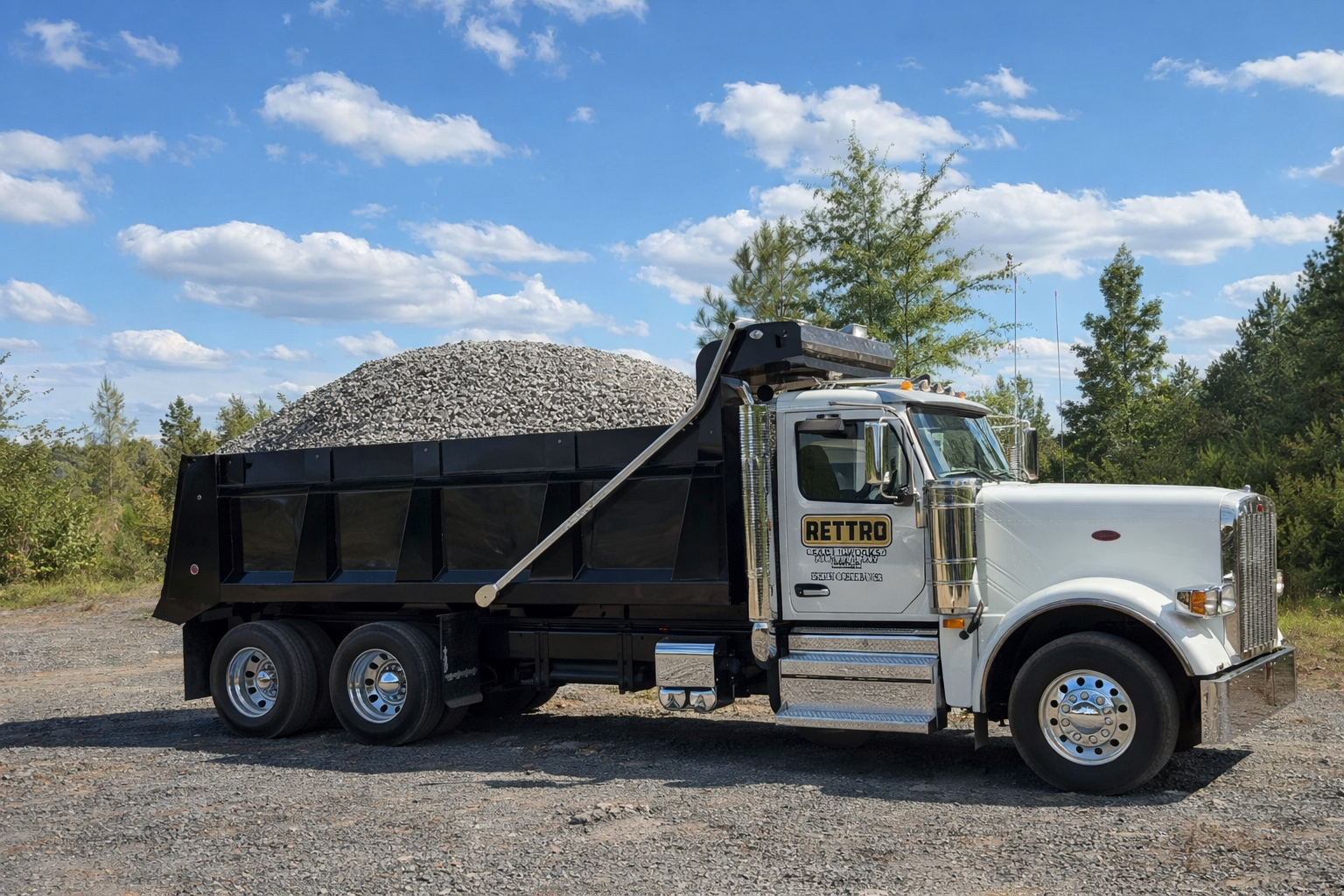 A beige and blue dump truck loaded with gravel drives along a rocky, dusty dirt road surrounded by trees. A beige and blue dump truck loaded with gravel drives along a rocky, dusty dirt road surrounded by trees.