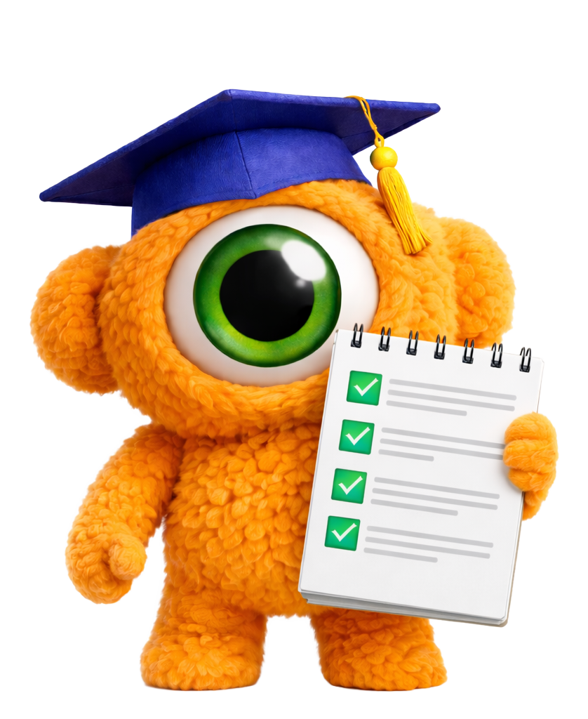 Een oranje, harig wezen met een groot groen oog, dat een afstudeerpet draagt ​​en een notitieblok met vinkjes vasthoudt.