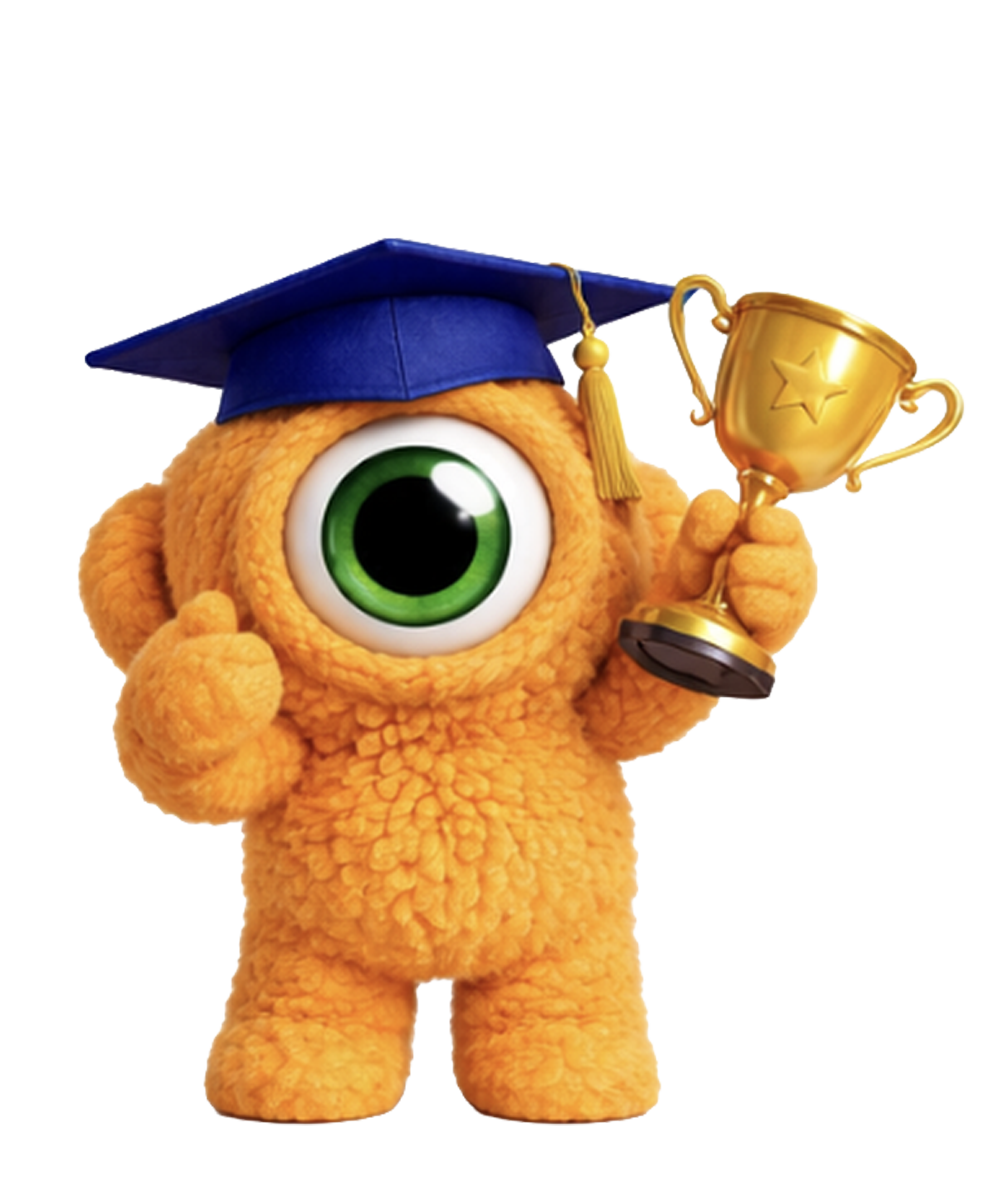 Een oranje, pluizig wezentje met één oog, dat een blauwe afstudeerpet draagt ​​en een gouden trofee vasthoudt.