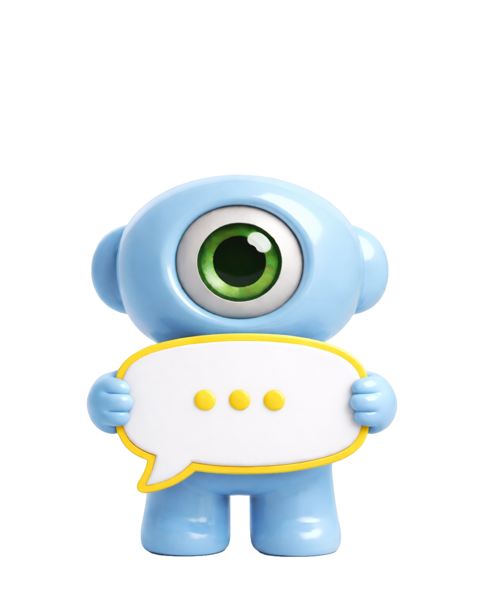 Een blauw, eenogig speelgoedfiguurtje dat een tekstballonnetje vasthoudt met een gele rand en drie gele stippen.