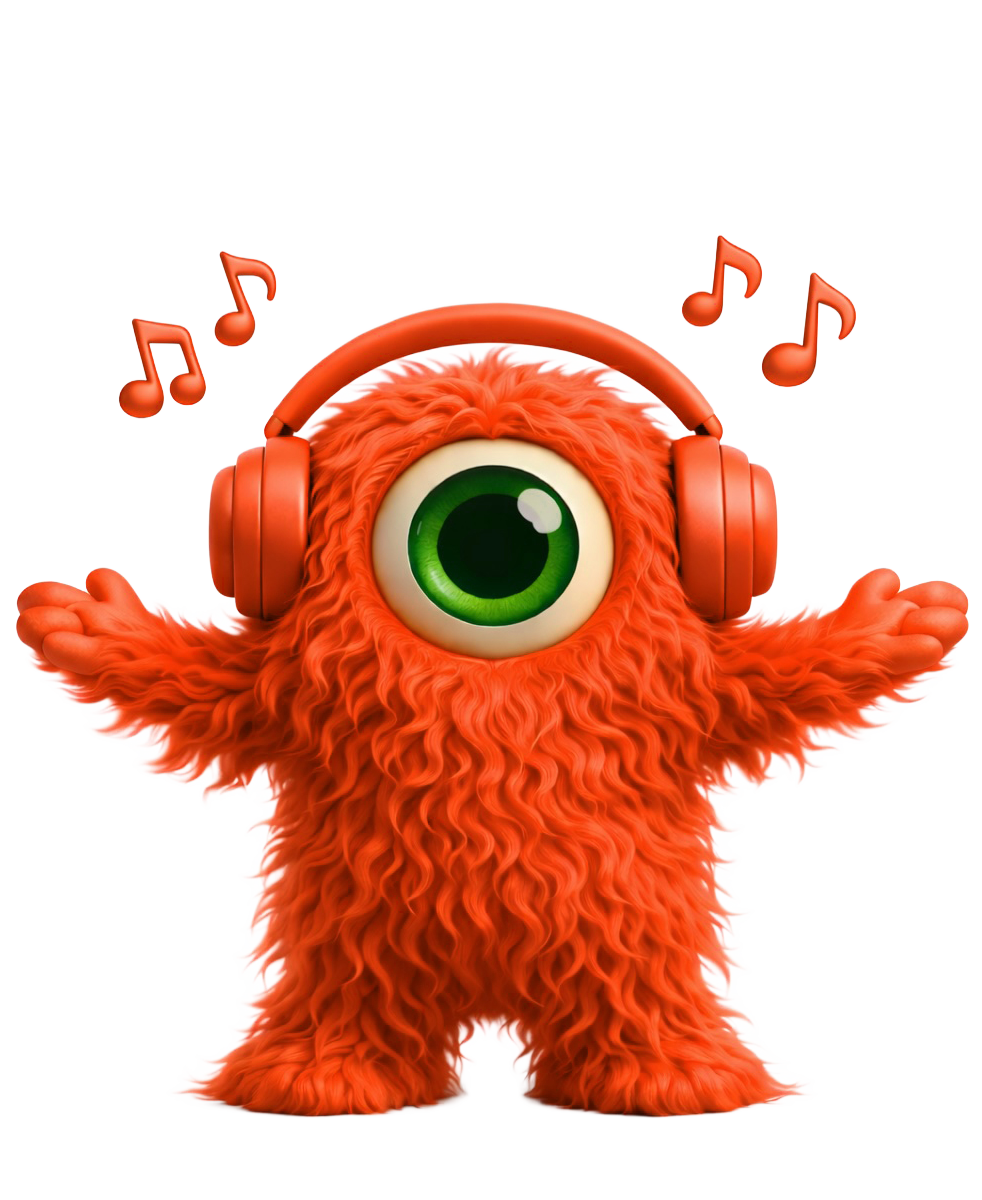 Een oranje, harige cycloop met een oranje koptelefoon op, geniet met uitgestrekte armen van de muziek.