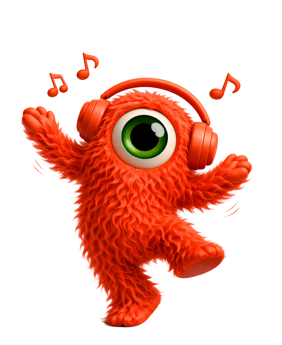 Een oranje, harig monster met één oog danst met een koptelefoon op. Muzieknoten zweven erboven.