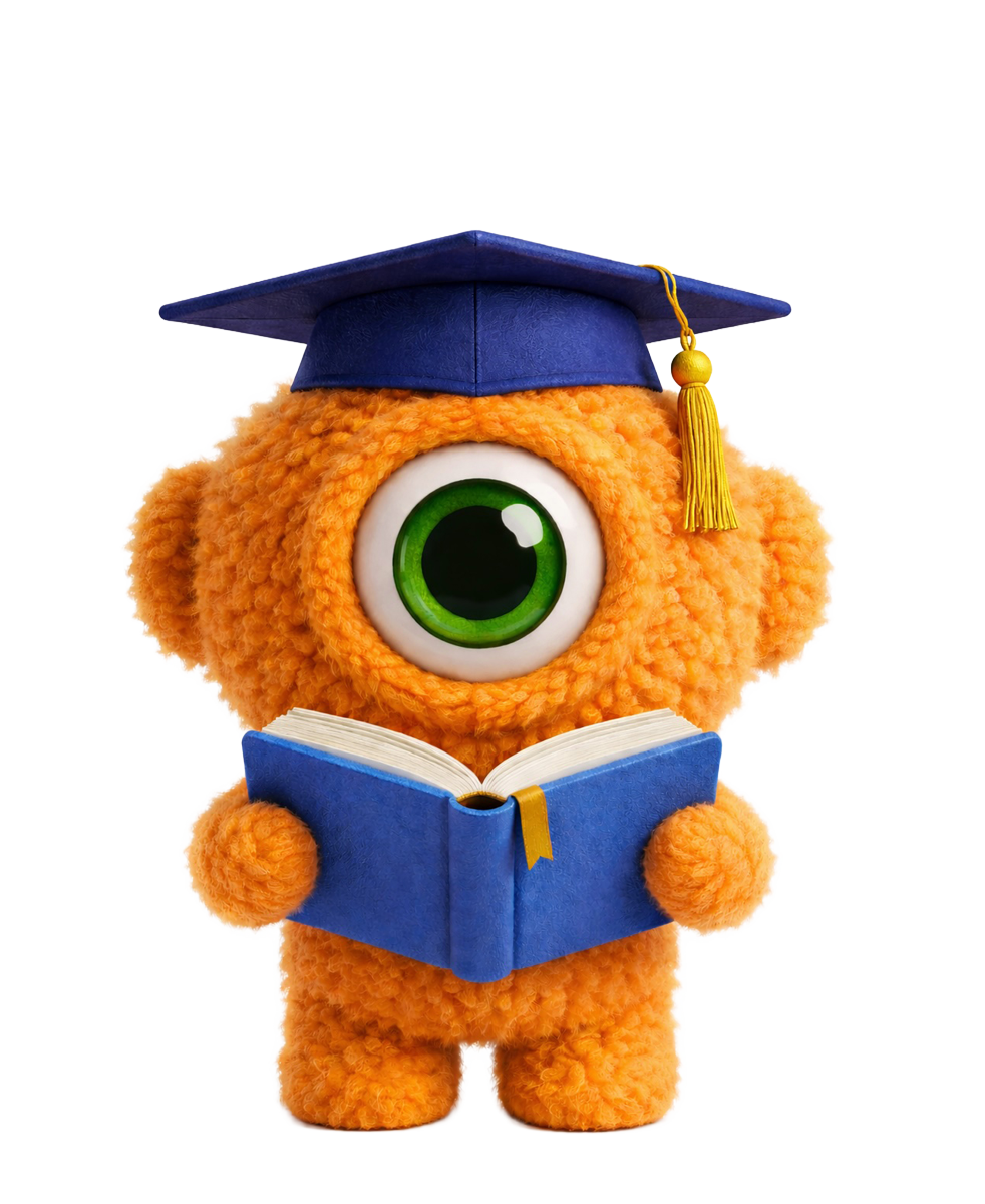 Een oranje, harig wezen met één oog, dat een blauwe afstudeerpet draagt ​​en een blauw boek vasthoudt.