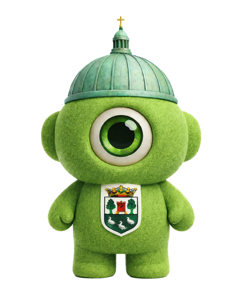 Een groene, pluizige mascotte met één groot oog, die een koperen koepel draagt ​​en een wapenschild uitbeeldt.