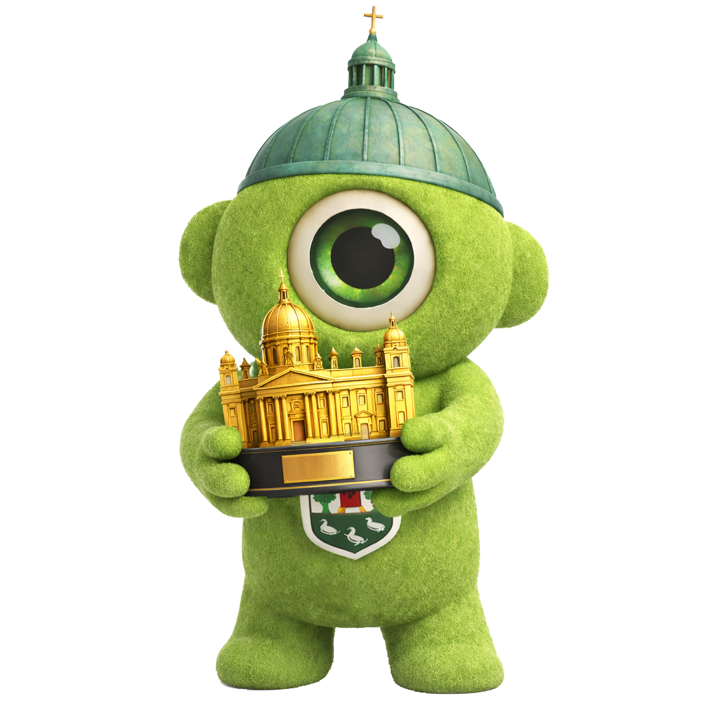 Groen wezen dat een gouden gebouw als trofee vasthoudt. Het wezen heeft één oog en een koepel op zijn hoofd.