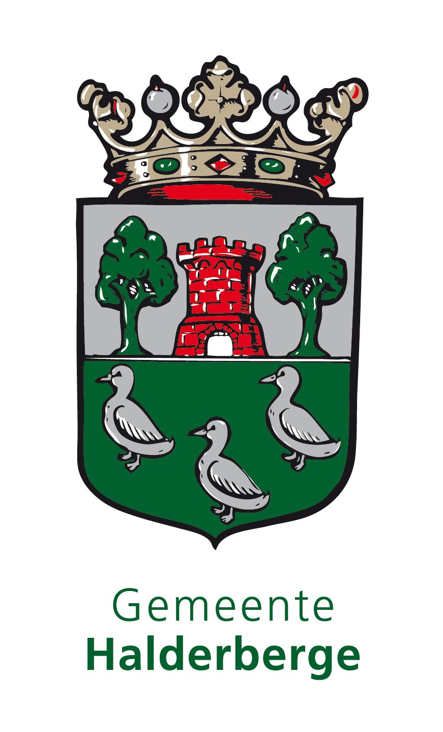 Wapen van Halderberge, Nederland: Zilveren kroon boven een groen schild met een rood kasteel en drie zilveren eenden.