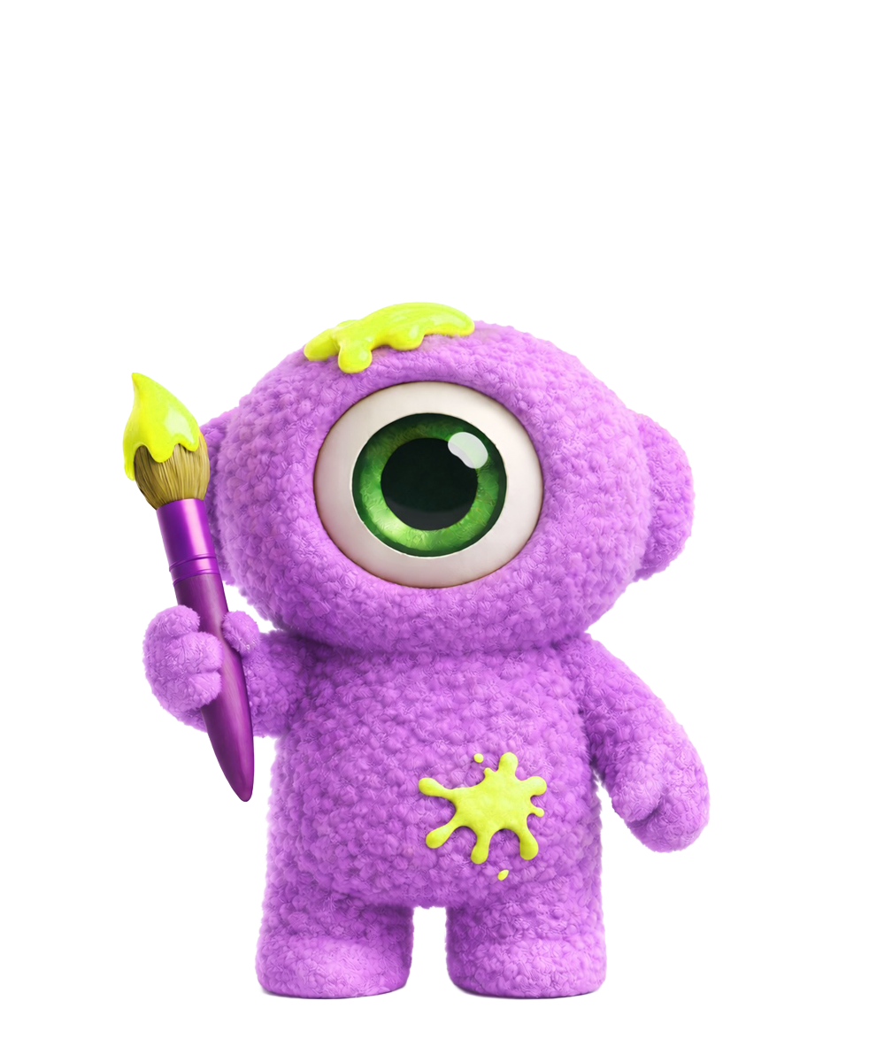 Een paars, eenogig, harig wezen dat een penseel vasthoudt, met groene verfspatten op zijn lichaam en hoofd.