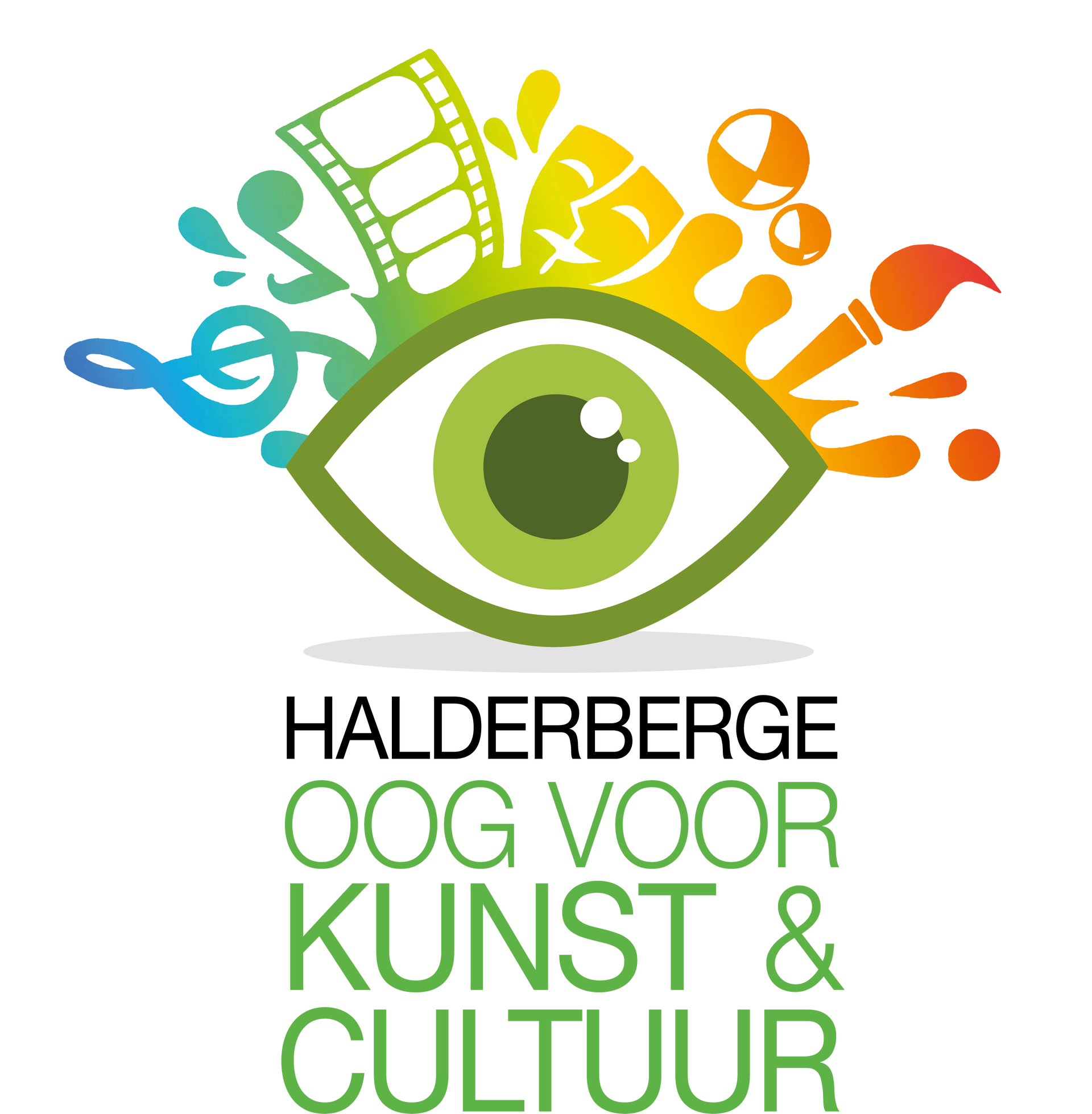 Eye logo with splashes of art elements, text: 