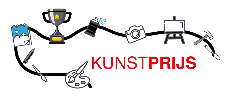 Logo voor een kunstwedstrijd met artistieke gereedschappen en een trofee, met de tekst 