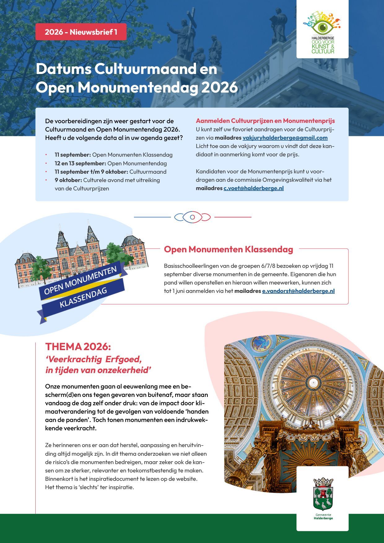 Flyer voor Open Monumentendag 2026, met architectonische afbeeldingen en tekst. Inclusief logo en datum.