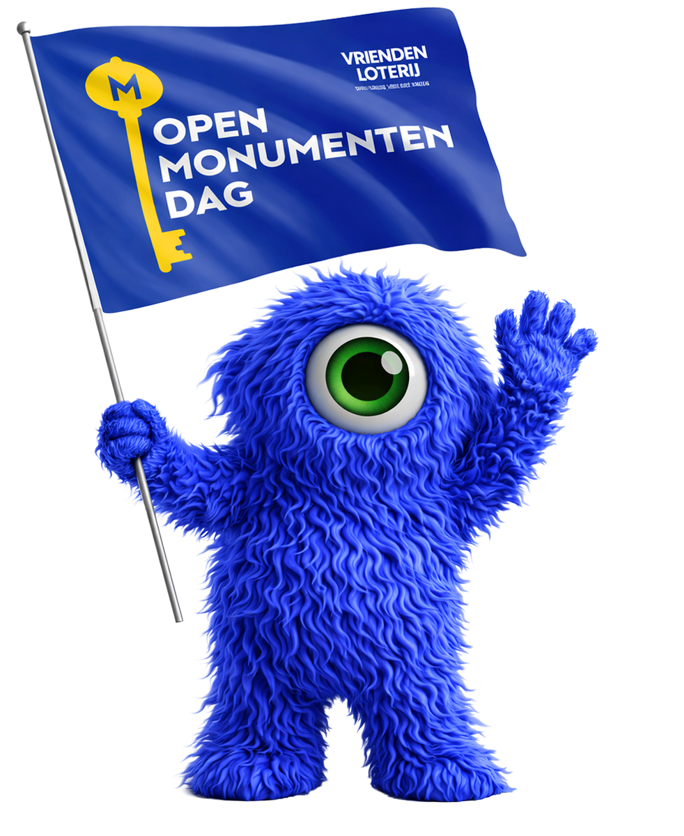 Een blauw harig eenogig monster dat een vlag vasthoudt met de tekst 