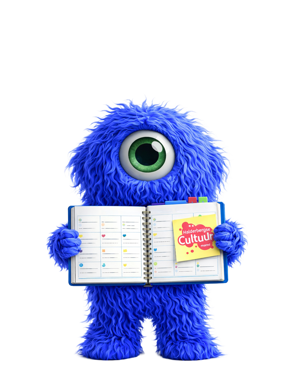 Een blauw, harig monster met één oog dat een open agenda vasthoudt met een plakbriefje waarop 'Happy Calendar' staat.