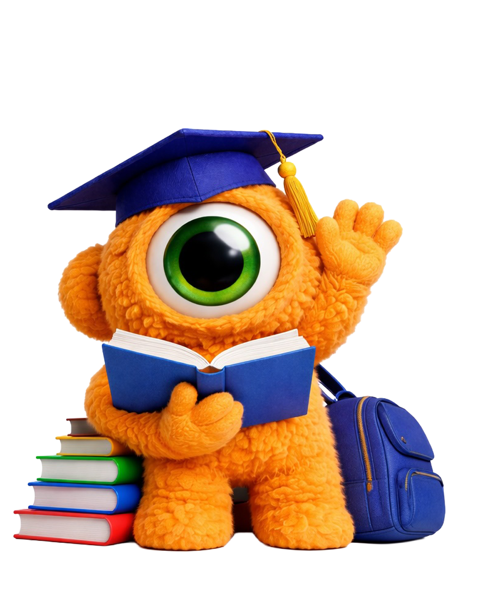 Een oranje, eenogig harig wezen met een afstudeerhoedje op, dat een boek leest, met een rugzak en een stapel boeken.